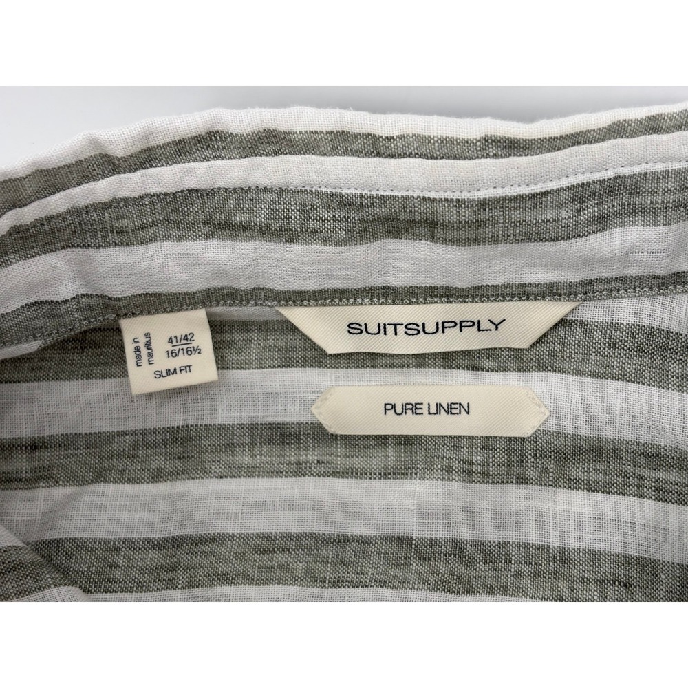 Suitsupply 100% Linen Shirt, Slim Fit , Striped Olive Green, Luxury, Size 41/42 - Picture 3 of 7